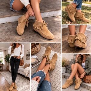 Minnetonka Classic Fringe Soft Sole Boot Tan Suede Moccasin-Style Women’s Shoes